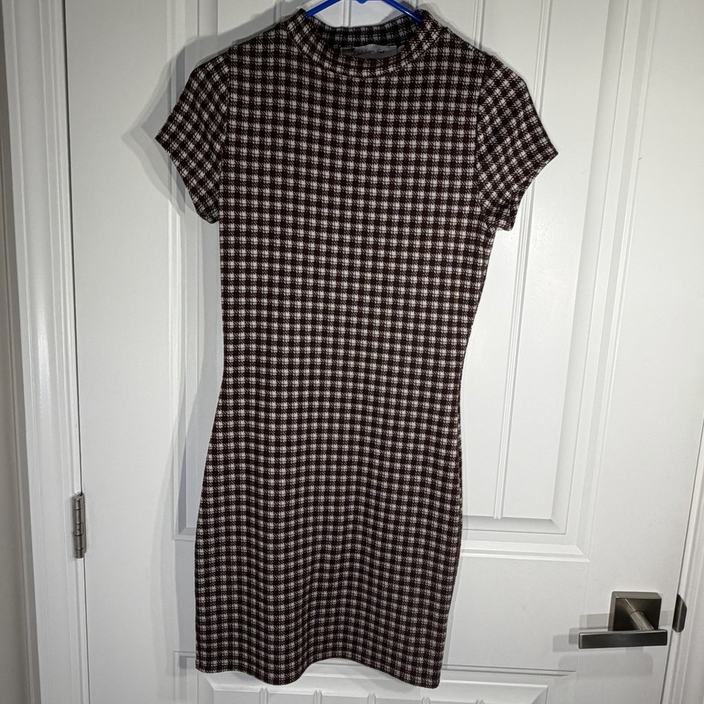 Lisa Says Gah Brown Checkered Knit Dress S Bodycon Mini Cottagecore Open Back